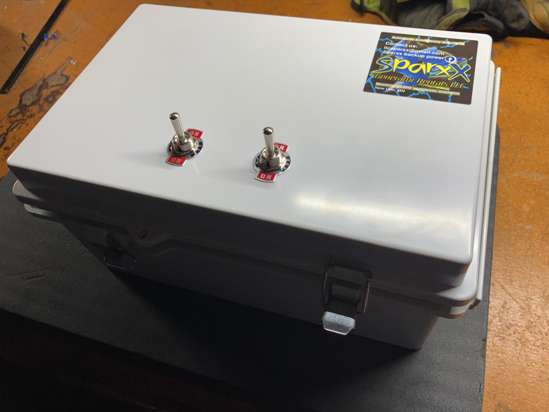 Sparxx ATS Box exterior with ON/OFF toggle switches and 50-Amp inlet