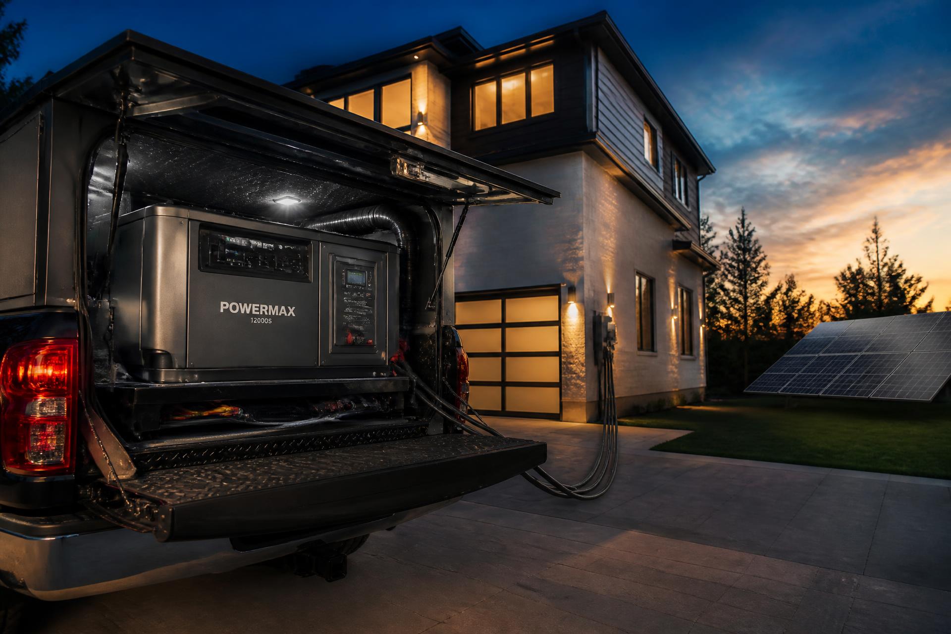 Sparxx generator in a black aluminum pickup truck box powering a modern home with ground-mount solar panels